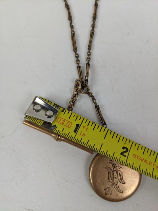 Vintage Antique Victorian? Gold Tone Pocket Watch Chain Fob Bar Floral Locket main image 10
